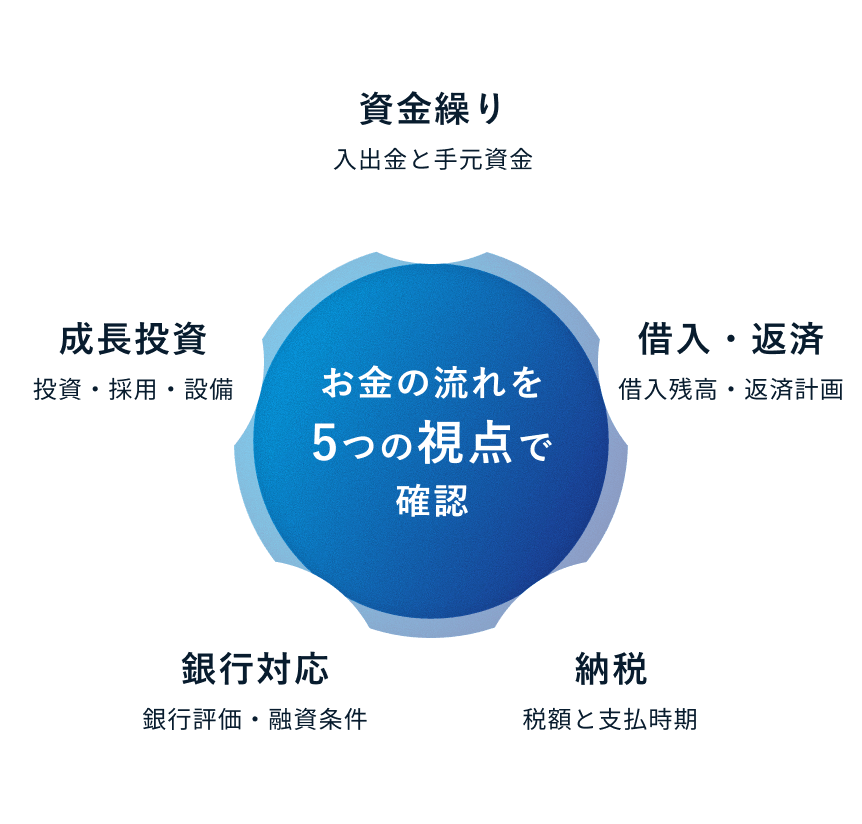 お金の流れを5つの視点（資金繰り・借入返済・成長投資・銀行対応・納税）で確認