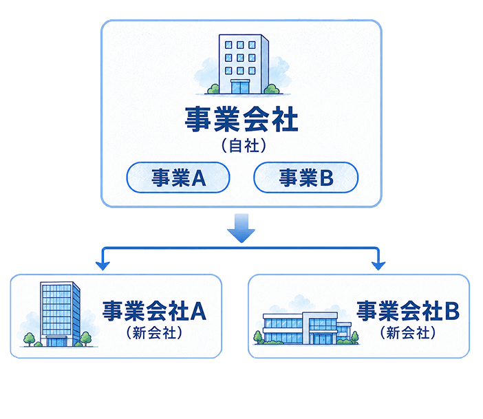 会社分割で事業ごとに承継先を整理するイメージ図